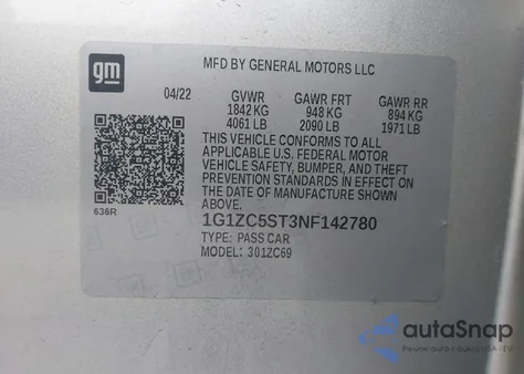 2022 Chevrolet Malibu Fwd 1Fl из США, поврежденный, VIN 1G1ZC5ST3NF142780